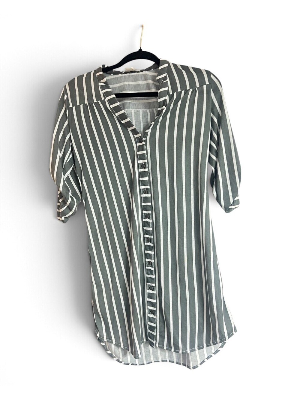 Passport Gray Striped Button Front Shirt Dress Small